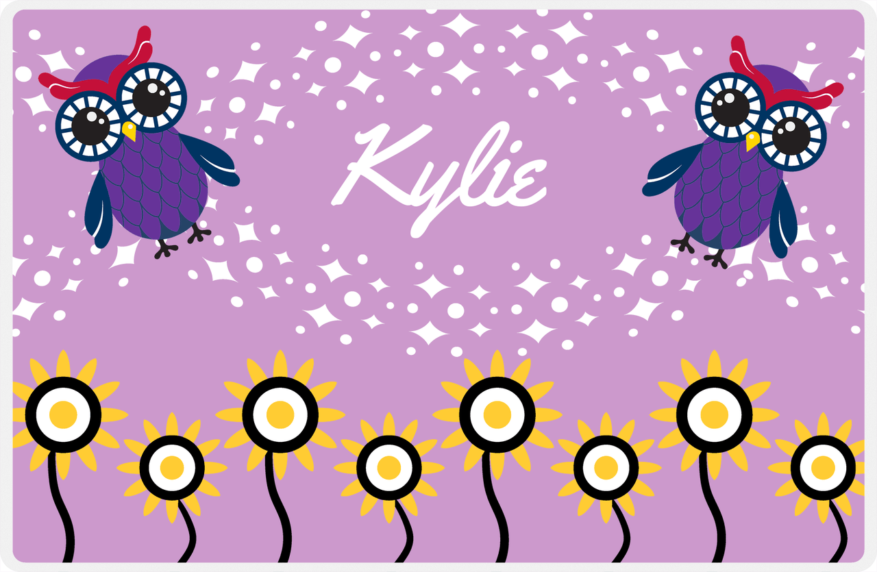 Personalized Owl Placemat - Sunflowers II - Owl 06 - Pink Background with Purple Owl -  View