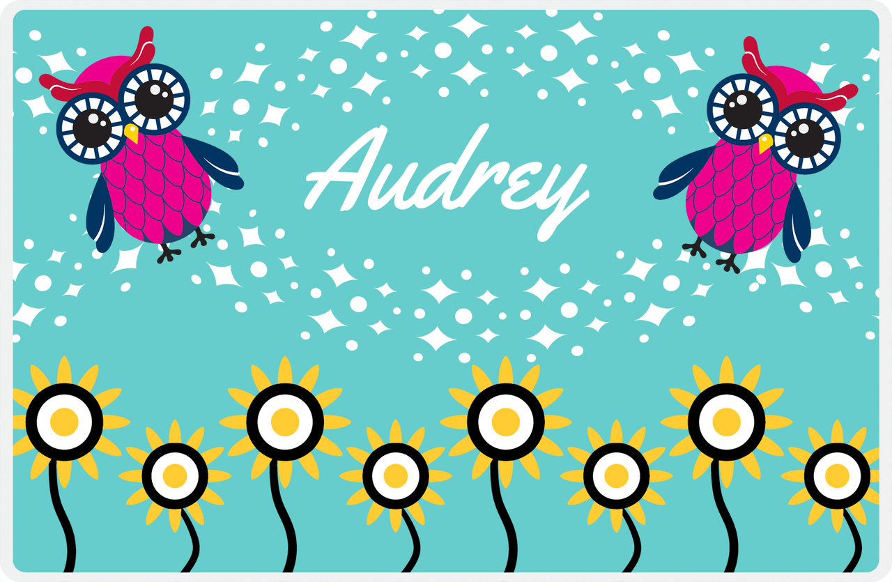 Personalized Owl Placemat - Sunflowers II - Owl 06 - Teal Background with Pink Owl -  View