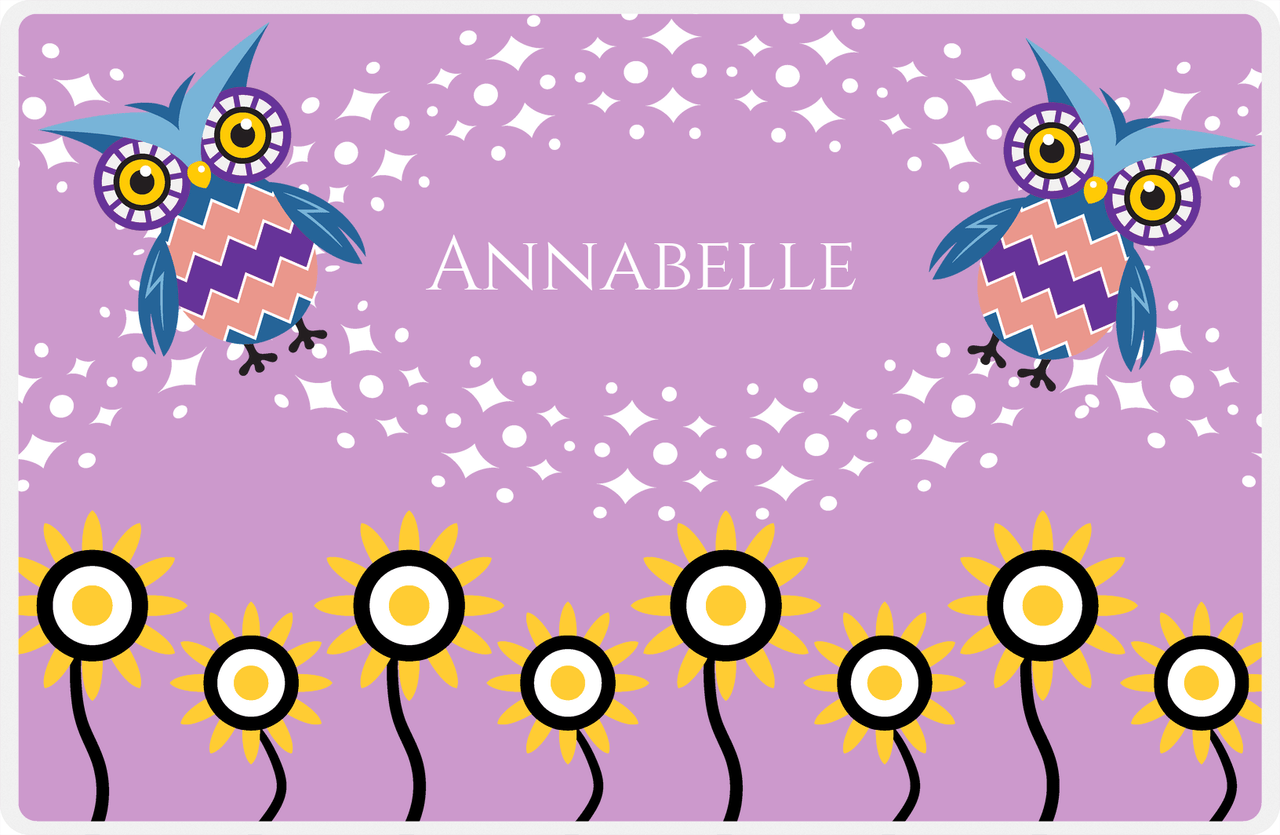 Personalized Owl Placemat - Sunflowers II - Owl 09 - Pink Background with Purple Owl -  View