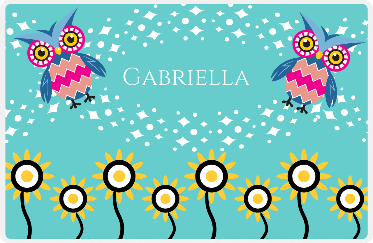Personalized Owl Placemat - Sunflowers II - Owl 09 - Teal Background with Pink Owl -  View