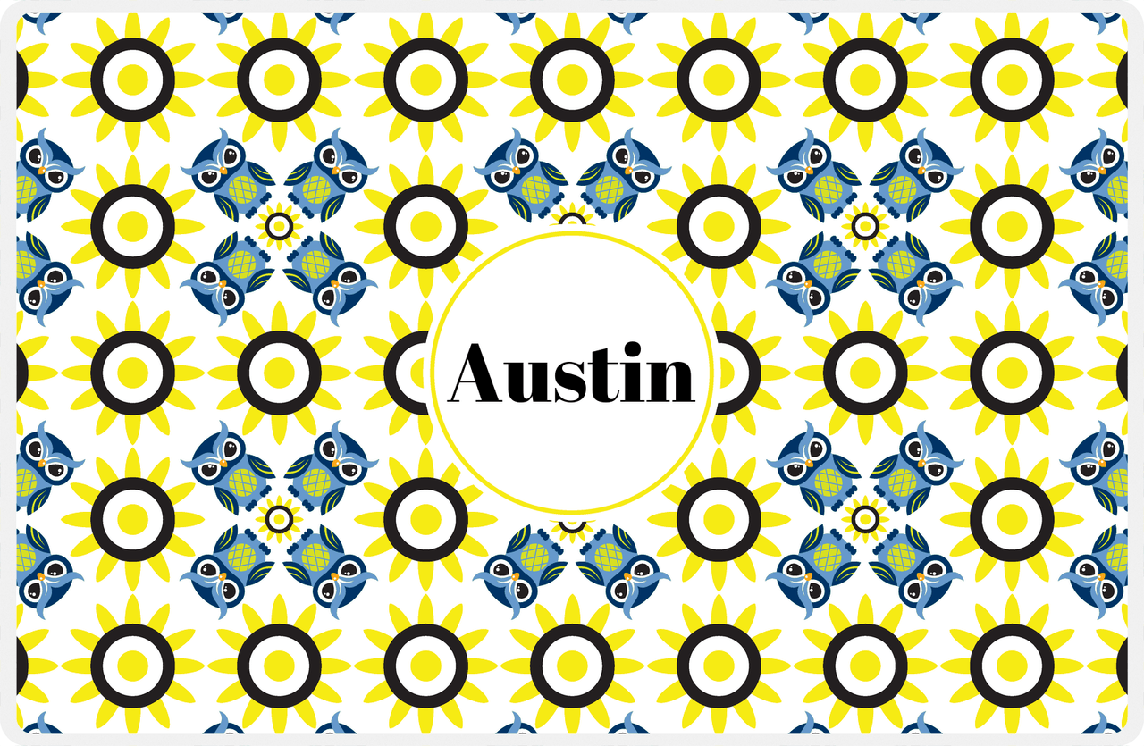 Personalized Owl Placemat - Sunflowers - Owl 03 - White Background with Blue Owl -  View