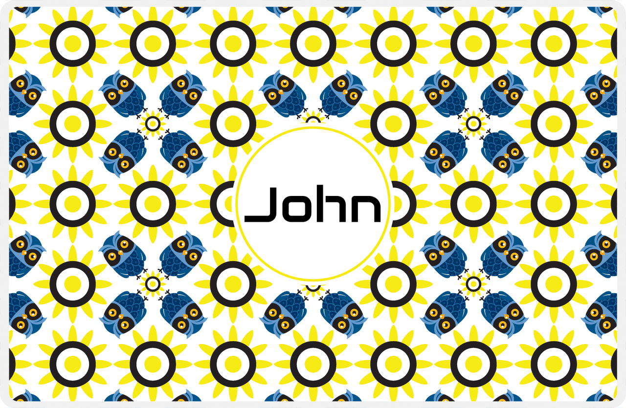Personalized Owl Placemat - Sunflowers - Owl 04 - White Background with Blue Owl -  View