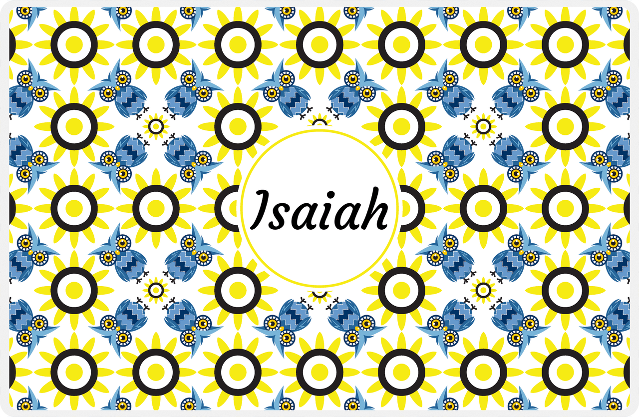 Personalized Owl Placemat - Sunflowers - Owl 09 - White Background with Blue Owl -  View