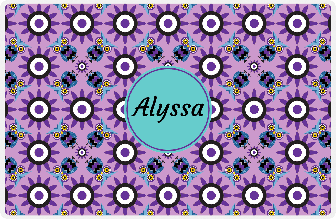 Personalized Owl Placemat - Sunflowers - Owl 09 - Lilac Background with Purple Owl -  View