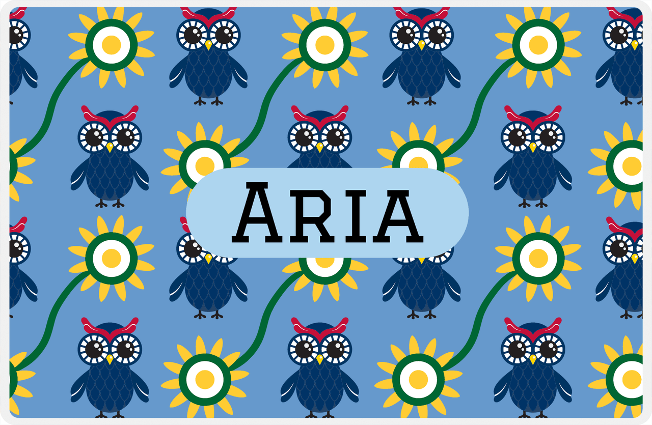 Personalized Owl Placemat - Sunflowers III - Owl 06 - Glacier Background with Blue Nameplate -  View