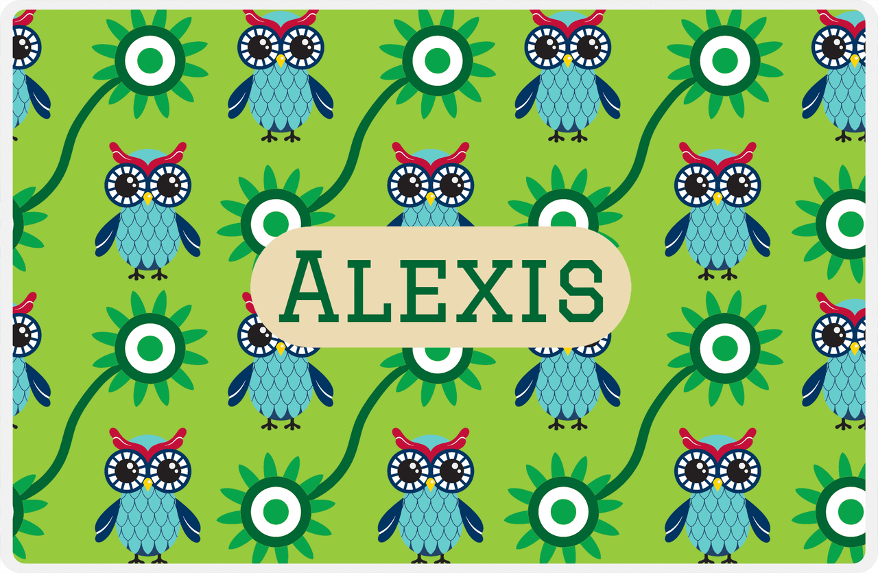 Personalized Owl Placemat - Sunflowers III - Owl 06 - Green Background with Tan Nameplate -  View