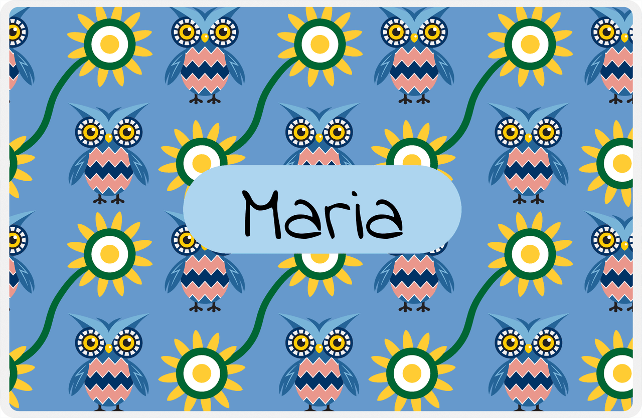 Personalized Owl Placemat - Sunflowers III - Owl 09 - Glacier Background with Blue Nameplate -  View