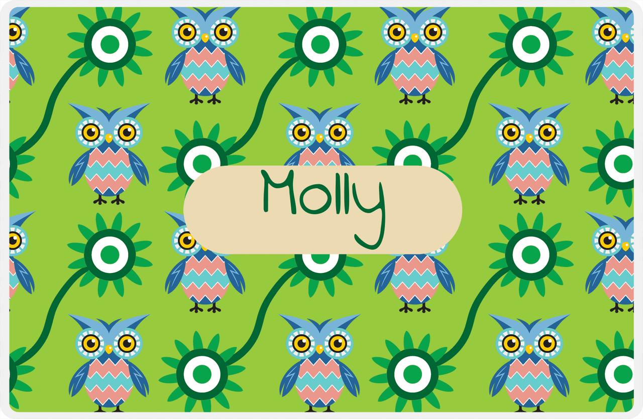Personalized Owl Placemat - Sunflowers III - Owl 09 - Green Background with Tan Nameplate -  View