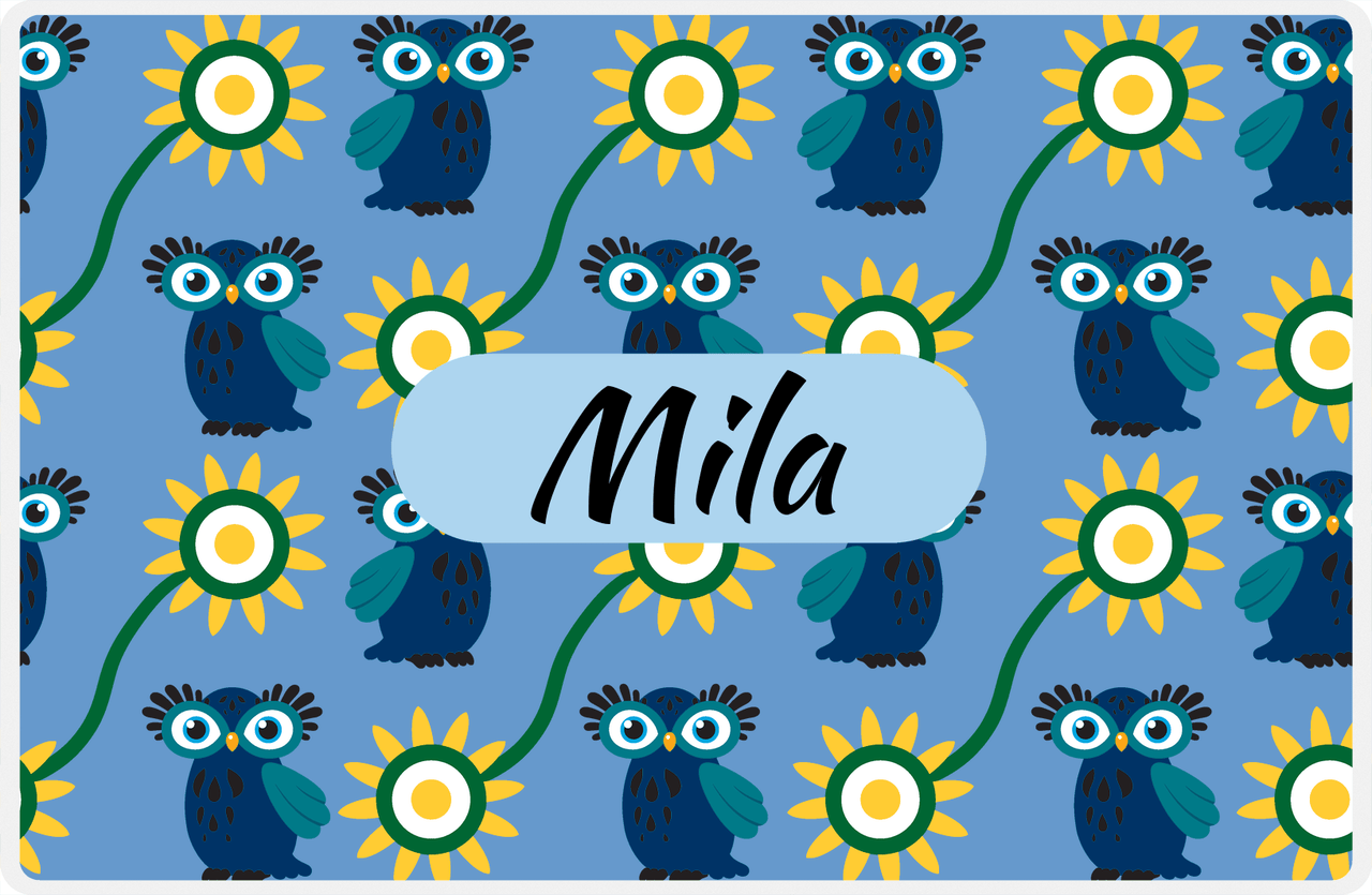 Personalized Owl Placemat - Sunflowers III - Owl 10 - Glacier Background with Blue Nameplate -  View