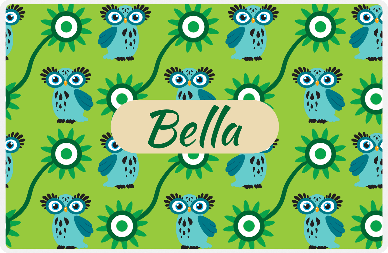 Personalized Owl Placemat - Sunflowers III - Owl 10 - Green Background with Tan Nameplate -  View