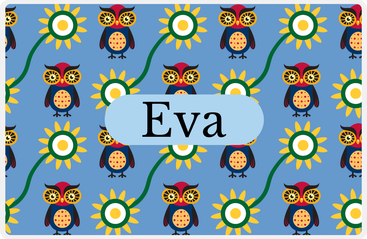 Personalized Owl Placemat - Sunflowers III - Owl 11 - Glacier Background with Blue Nameplate -  View