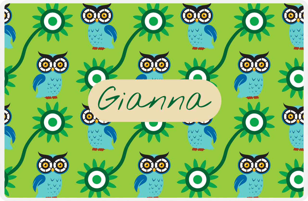Personalized Owl Placemat - Sunflowers III - Owl 12 - Green Background with Tan Nameplate -  View