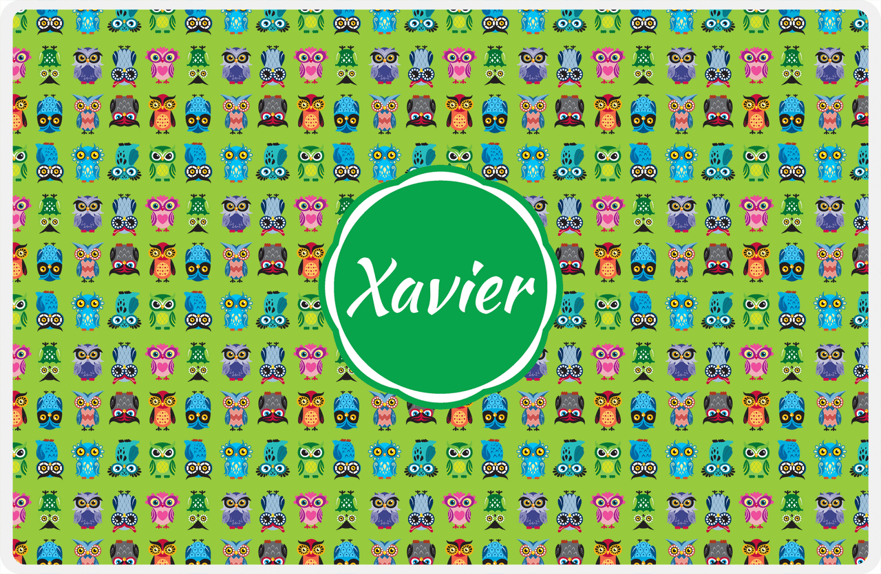 Personalized Owl Placemat - All Owls III - Circle Nameplate - Lime and Kelly Green -  View