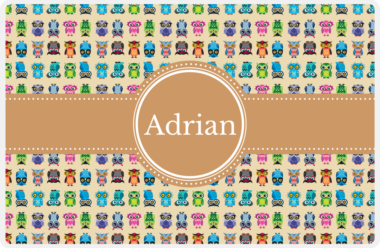 Personalized Owl Placemat - All Owls III - Circle Ribbon Nameplate - Champagne and Light Brown -  View