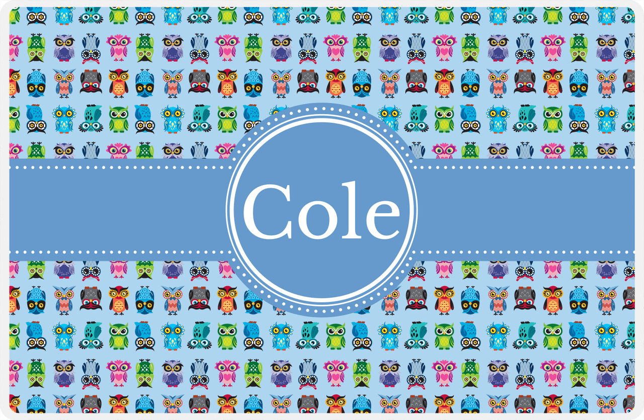 Personalized Owl Placemat - All Owls III - Circle Ribbon Nameplate - Light Blue and Glacier -  View