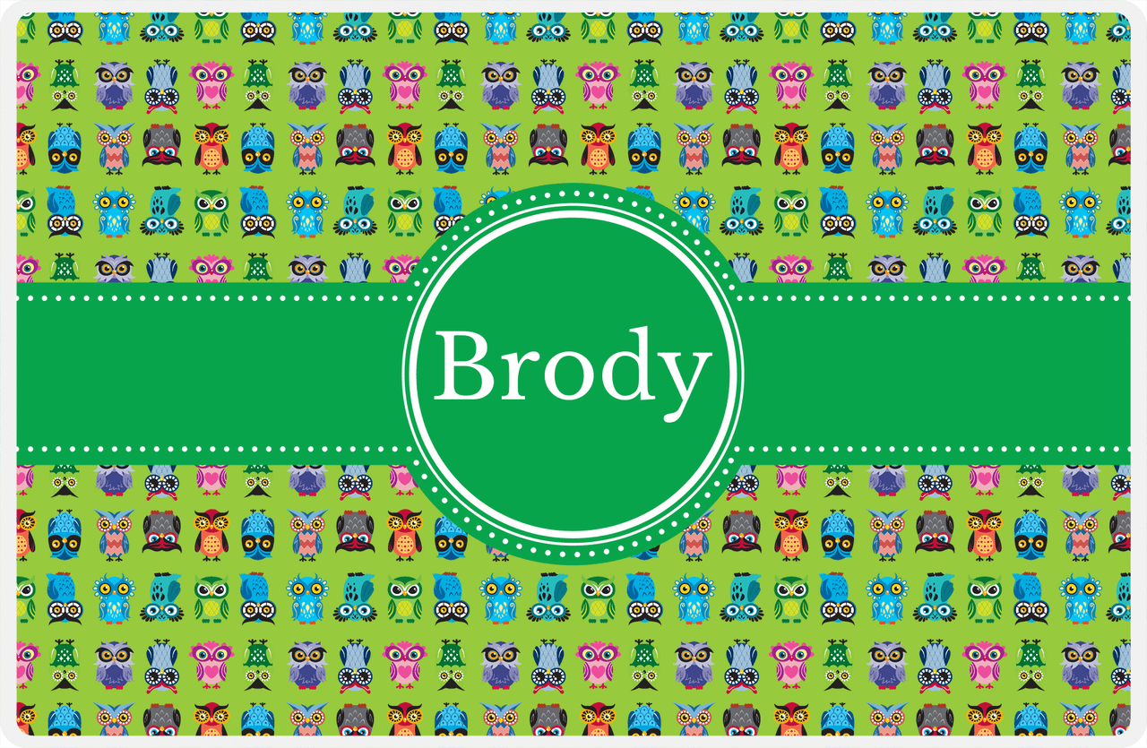 Personalized Owl Placemat - All Owls III - Circle Ribbon Nameplate - Lime and Kelly Green -  View