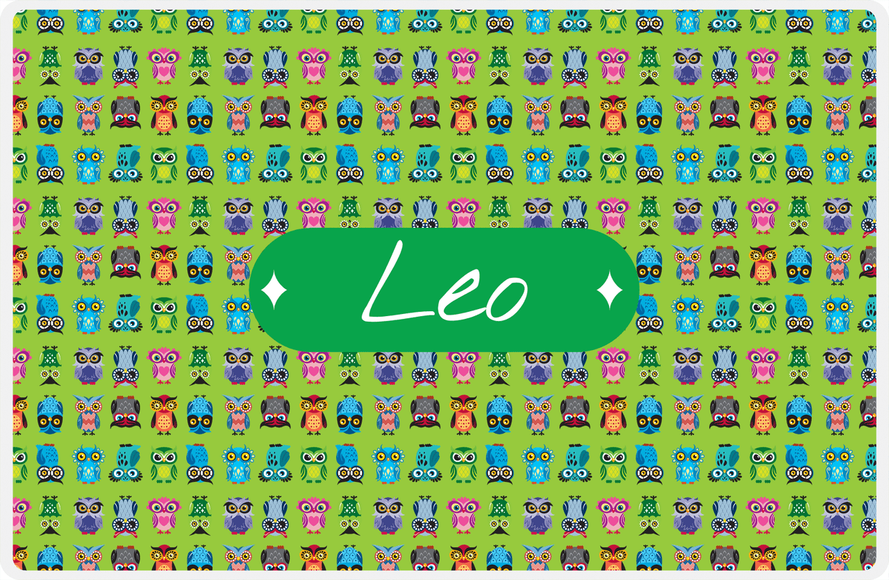 Personalized Owl Placemat - All Owls III - Diamond Nameplate - Lime and Kelly Green -  View