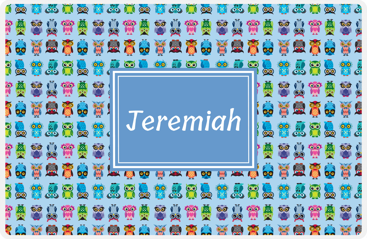 Personalized Owl Placemat - All Owls III - Rectangle Nameplate - Light Blue and Glacier -  View