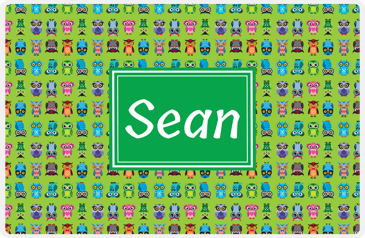 Personalized Owl Placemat - All Owls III - Rectangle Nameplate - Lime and Kelly Green -  View