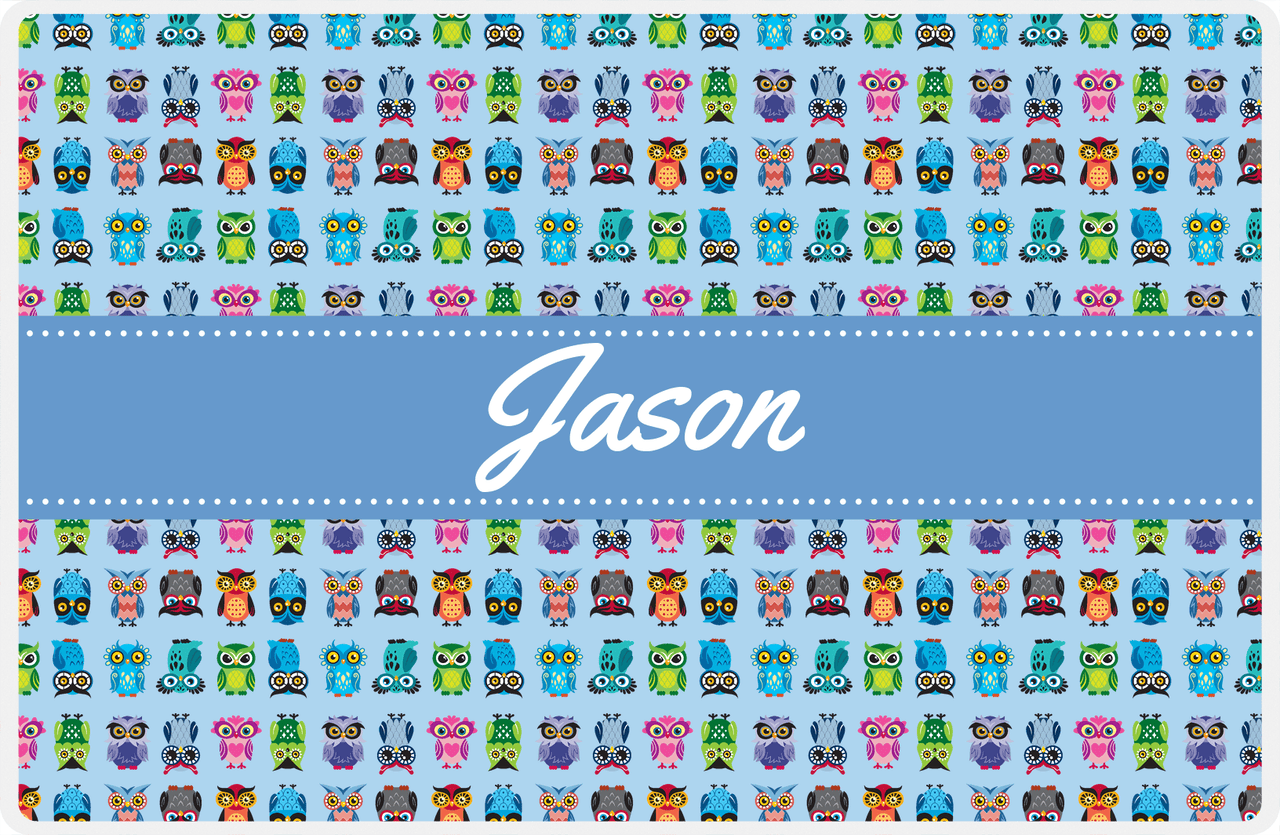 Personalized Owl Placemat - All Owls III - Ribbon Nameplate - Light Blue and Glacier -  View