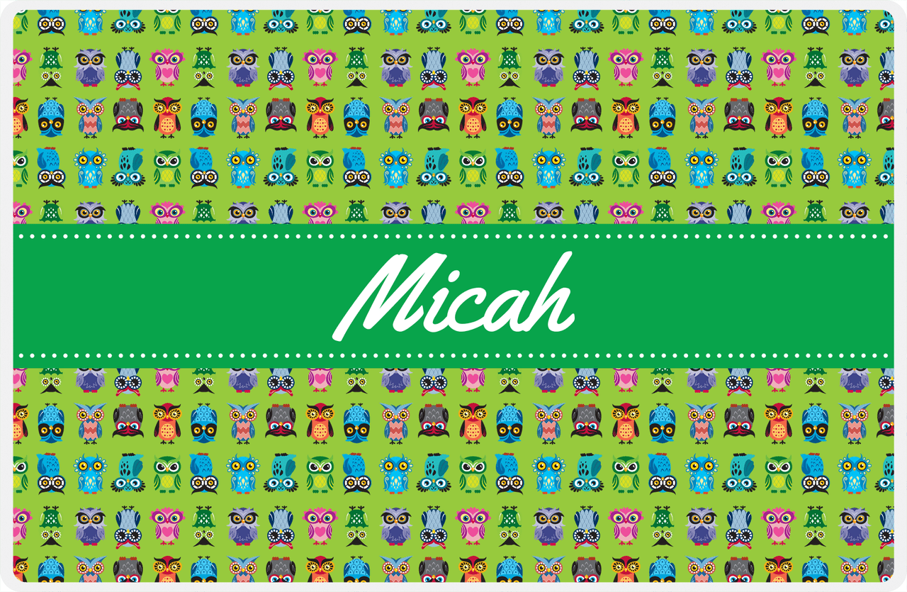 Personalized Owl Placemat - All Owls III - Ribbon Nameplate - Lime and Kelly Green -  View