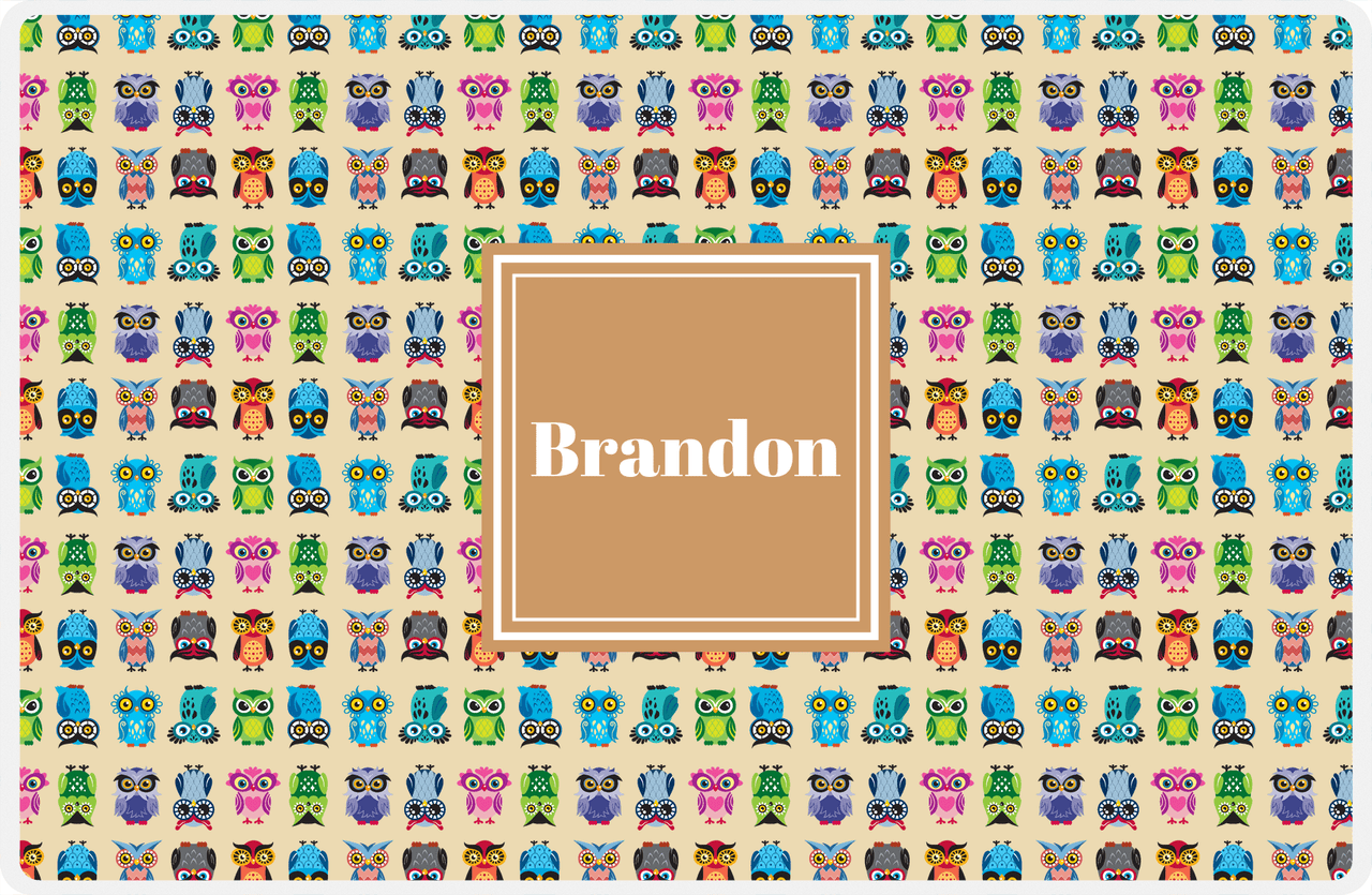 Personalized Owl Placemat - All Owls III - Square Nameplate - Champagne and Light Brown -  View
