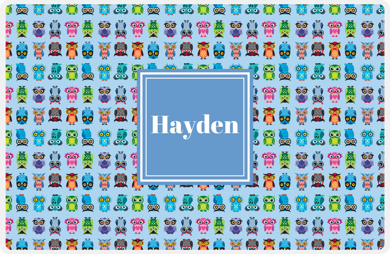 Personalized Owl Placemat - All Owls III - Square Nameplate - Light Blue and Glacier -  View
