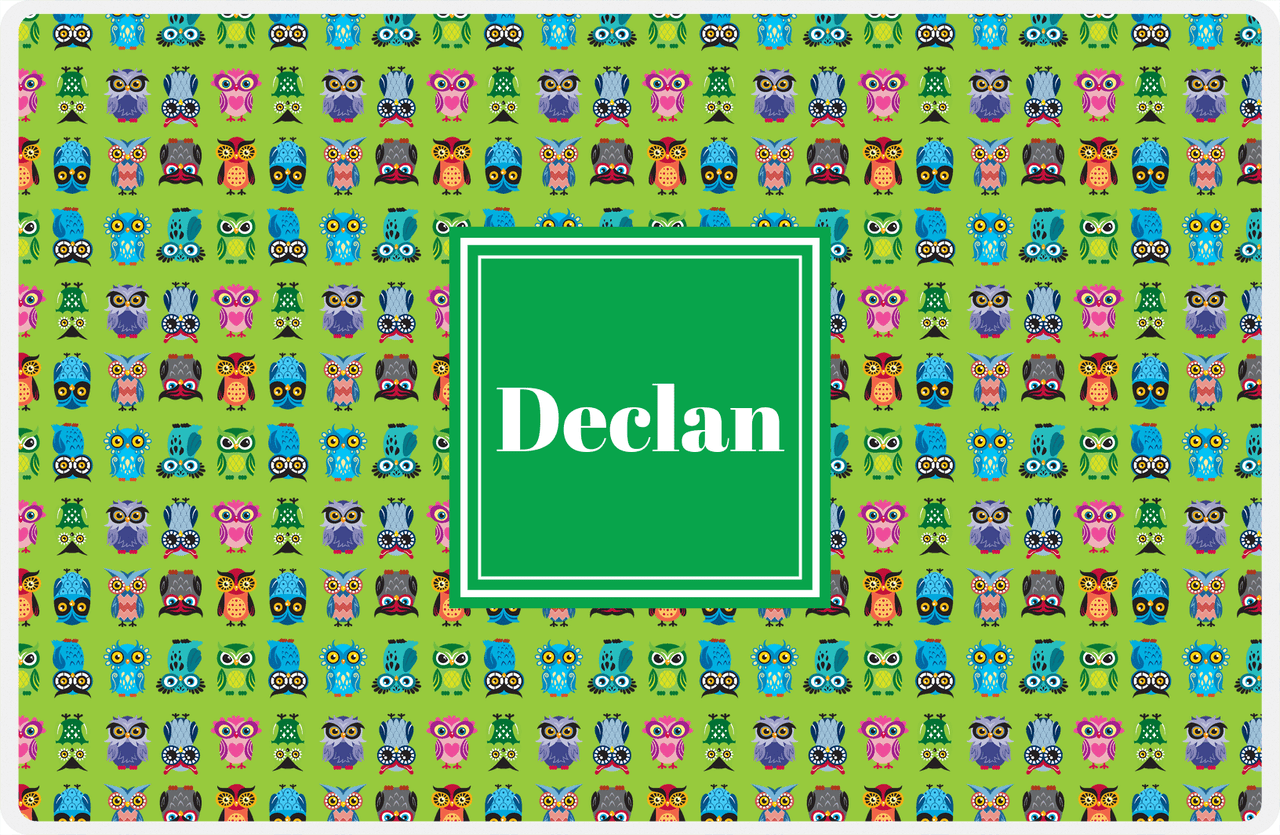 Personalized Owl Placemat - All Owls III - Square Nameplate - Lime and Kelly Green -  View
