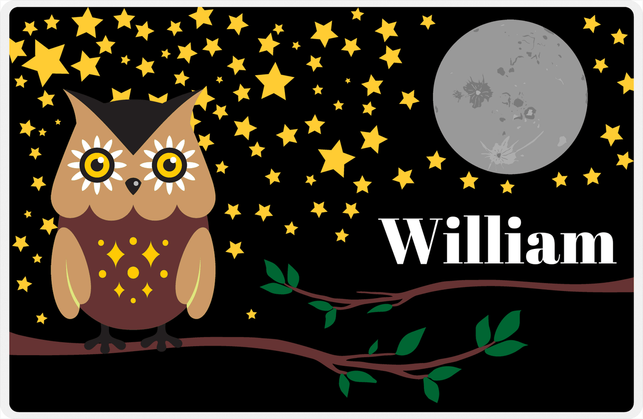 Personalized Owl Placemat - Stars and Moon - Owl 08 - Black Background with Brown Owl -  View