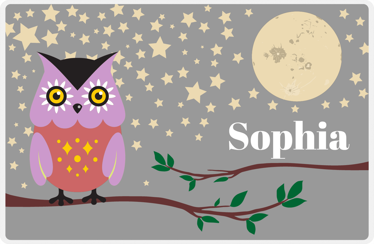 Personalized Owl Placemat - Stars and Moon - Owl 08 - Grey Background with Pink Owl -  View