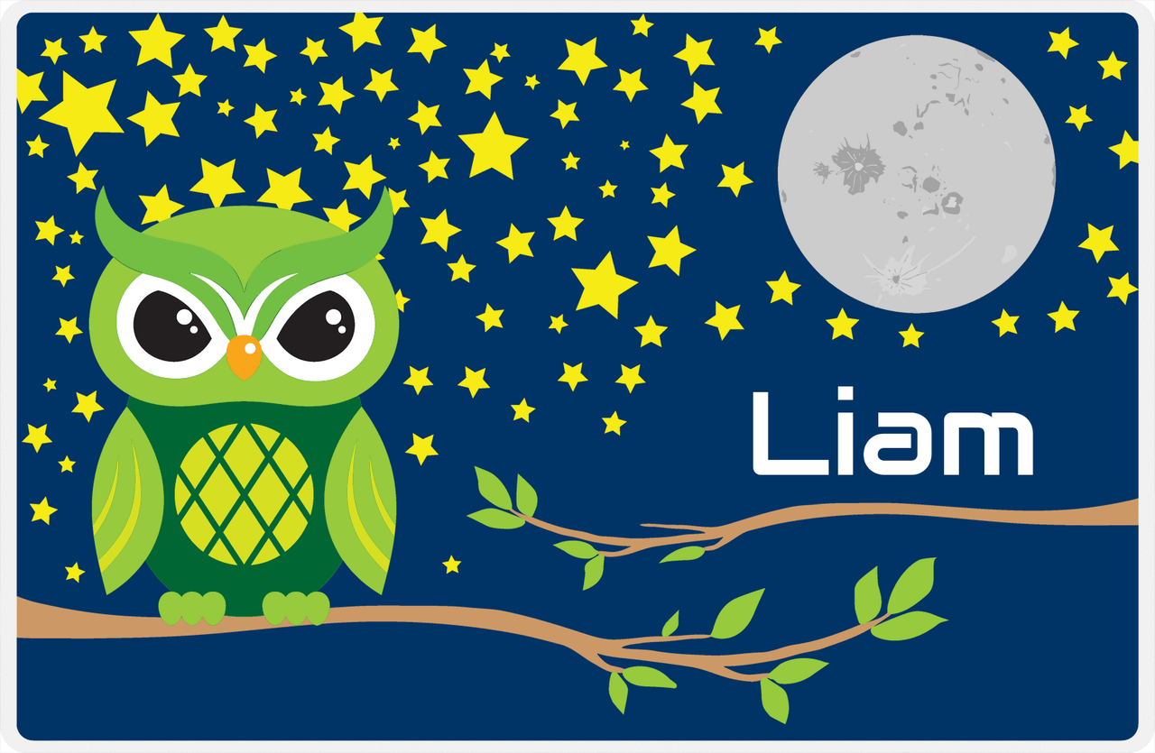 Personalized Owl Placemat - Stars and Moon - Owl 03 - Navy Background with Green Owl -  View