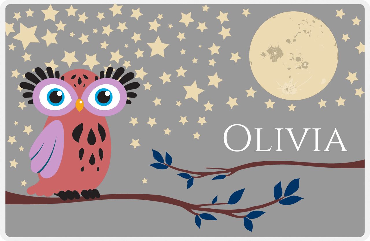 Personalized Owl Placemat - Stars and Moon - Owl 10 - Grey Background with Pink Owl -  View