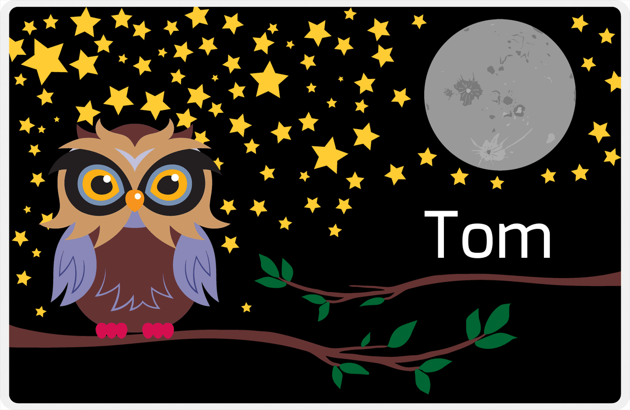 Personalized Owl Placemat - Stars and Moon - Owl 05 - Black Background with Brown Owl -  View