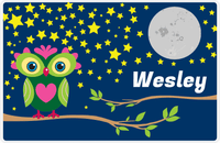 Thumbnail for Personalized Owl Placemat - Stars and Moon - Owl 07 - Navy Background with Green Owl -  View