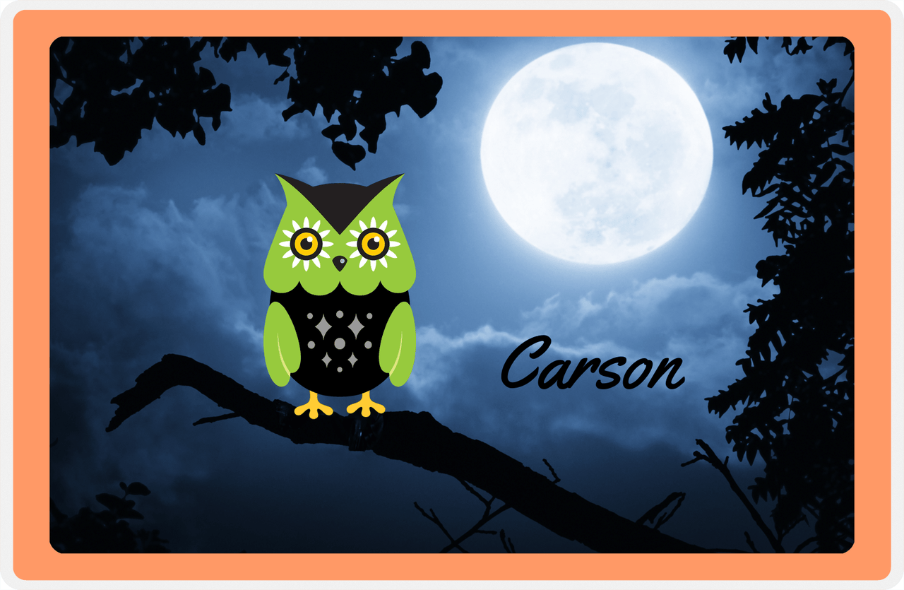Personalized Owl Placemat - Moon - Owl 08 - Tangerine Border with Black Owl -  View