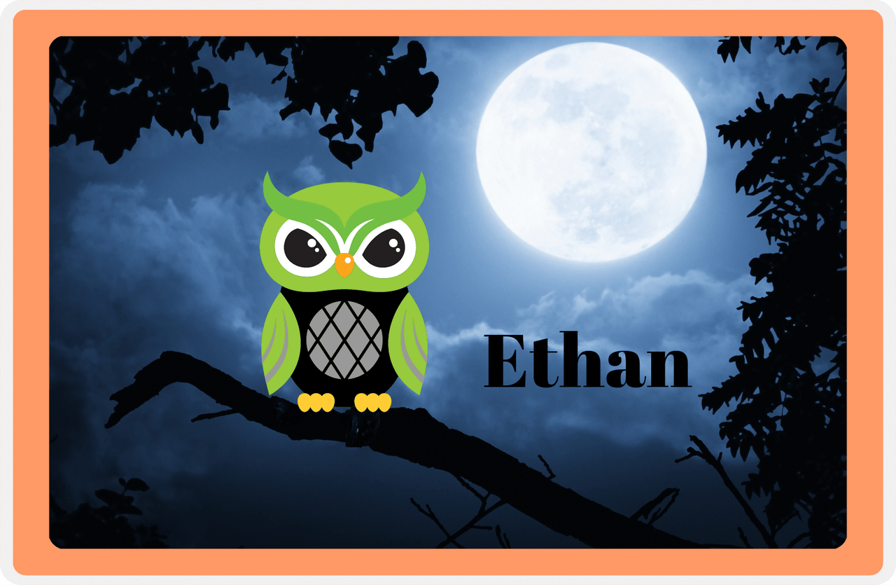 Personalized Owl Placemat - Moon - Owl 03 - Tangerine Border with Black Owl -  View