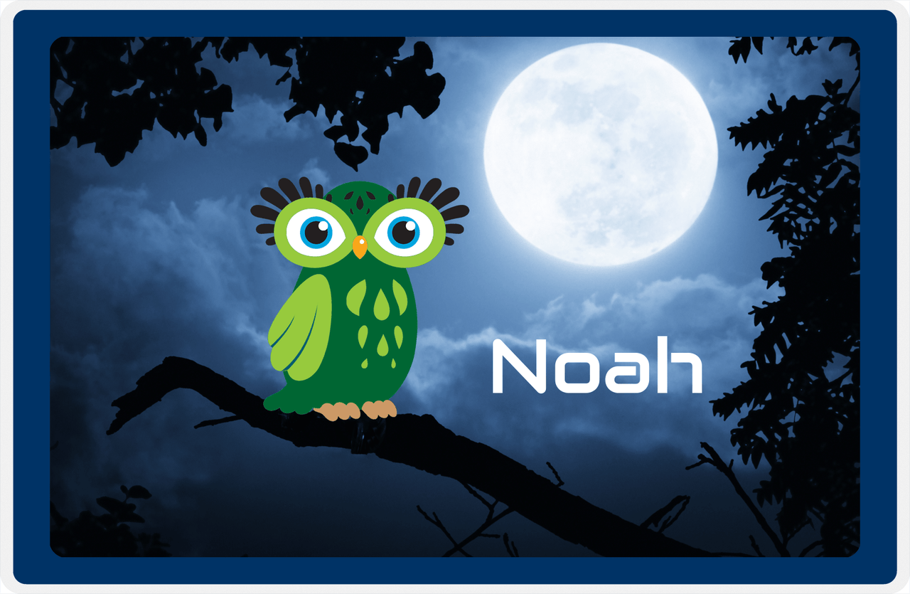 Personalized Owl Placemat - Moon - Owl 10 - Navy Border with Green Owl -  View