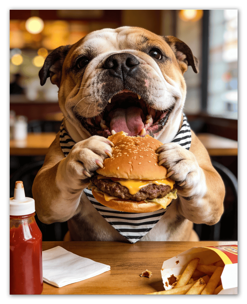 Personalized Pet Eating Burger Wall Art - Custom Funny Animal Print, Cute Kitchen Artwork, Upload Your Pet's Photo for a Quirky Portrait, Humorous Farmhouse Decor, Unique Gifts for Cat and Dog Lovers - Front View