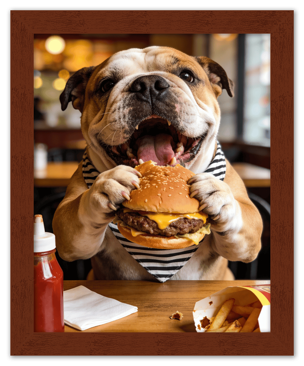 Personalized Pet Eating Burger Wall Art - Custom Funny Animal Print, Cute Kitchen Artwork, Upload Your Pet's Photo for a Quirky Portrait, Humorous Farmhouse Decor, Unique Gifts for Cat and Dog Lovers - Front View