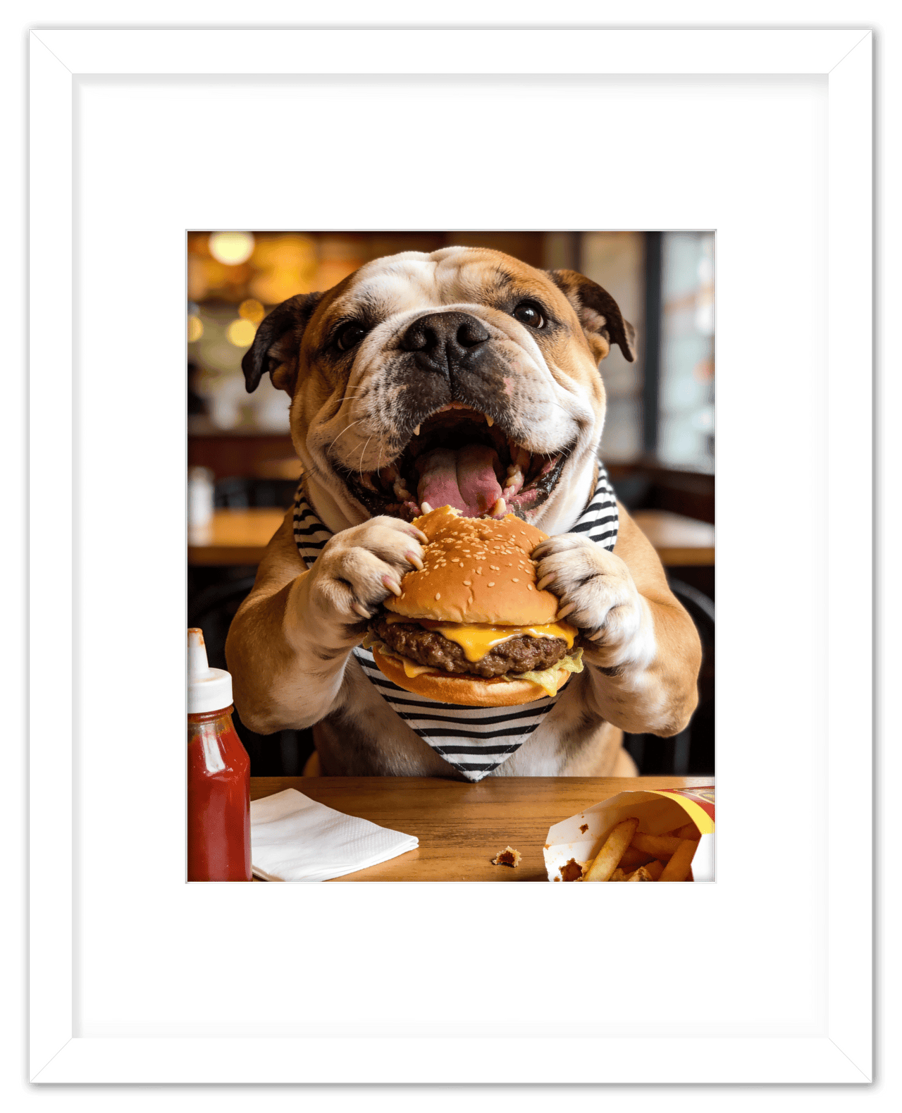 Personalized Pet Eating Burger Wall Art - Custom Funny Animal Print, Cute Kitchen Artwork, Upload Your Pet's Photo for a Quirky Portrait, Humorous Farmhouse Decor, Unique Gifts for Cat and Dog Lovers - Front View