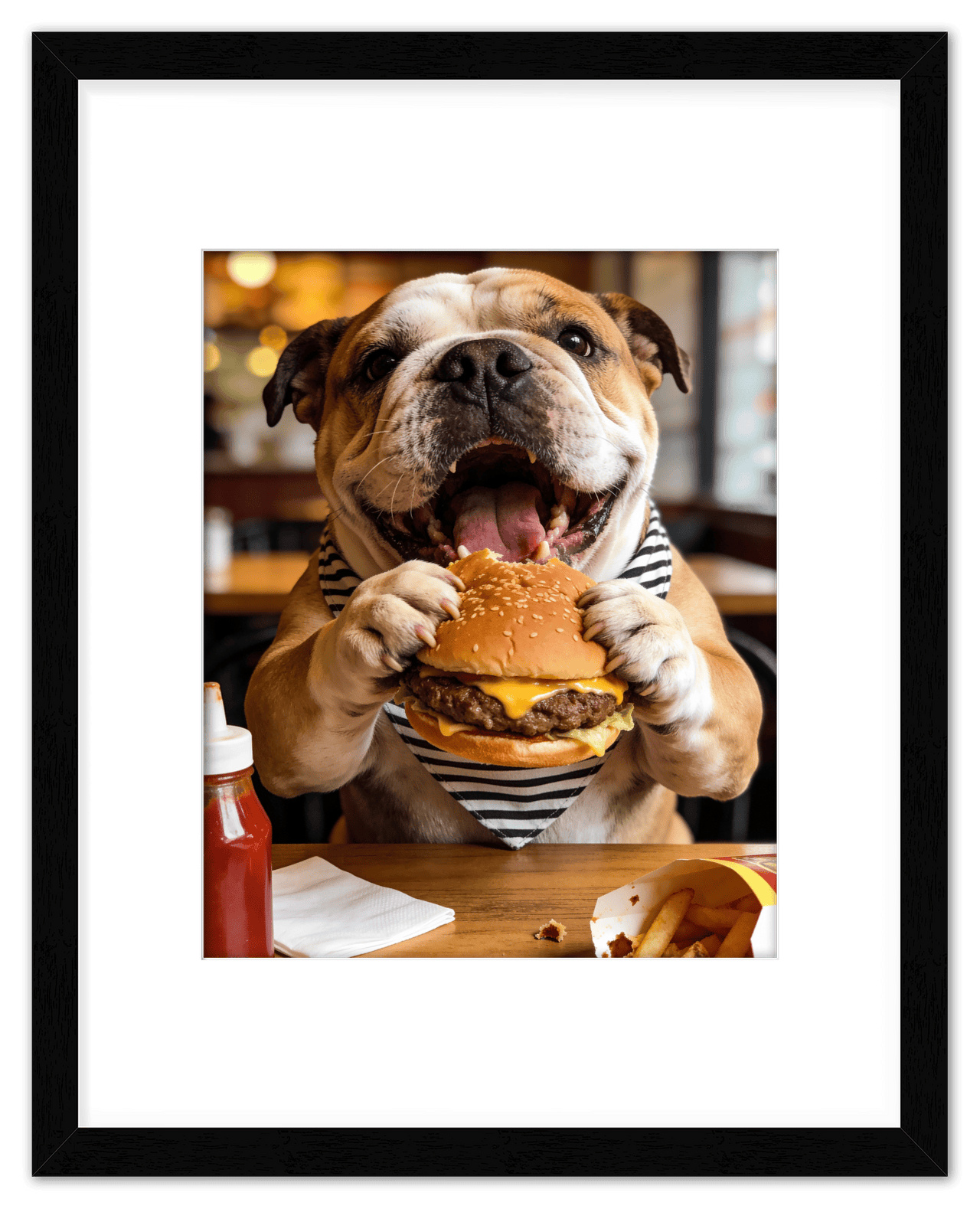 Personalized Pet Eating Burger Wall Art - Custom Funny Animal Print, Cute Kitchen Artwork, Upload Your Pet's Photo for a Quirky Portrait, Humorous Farmhouse Decor, Unique Gifts for Cat and Dog Lovers - Front View