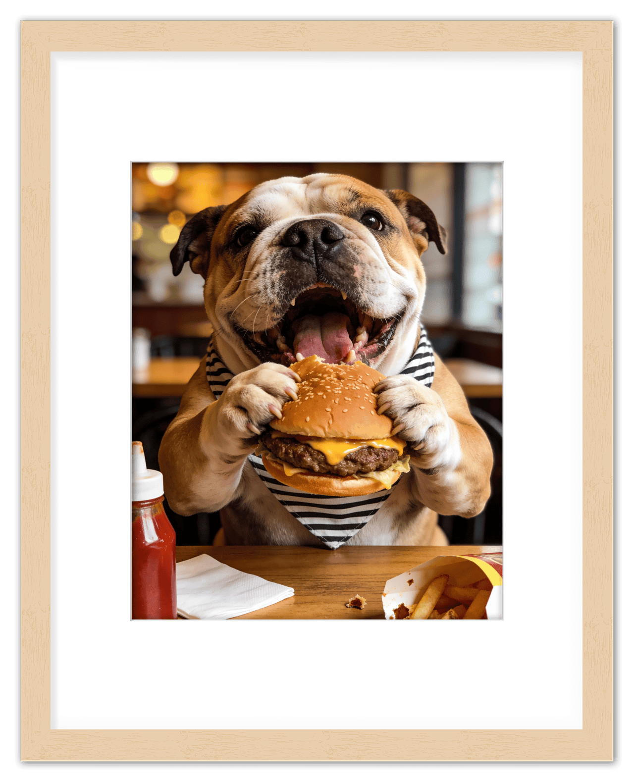 Personalized Pet Eating Burger Wall Art - Custom Funny Animal Print, Cute Kitchen Artwork, Upload Your Pet's Photo for a Quirky Portrait, Humorous Farmhouse Decor, Unique Gifts for Cat and Dog Lovers - Front View