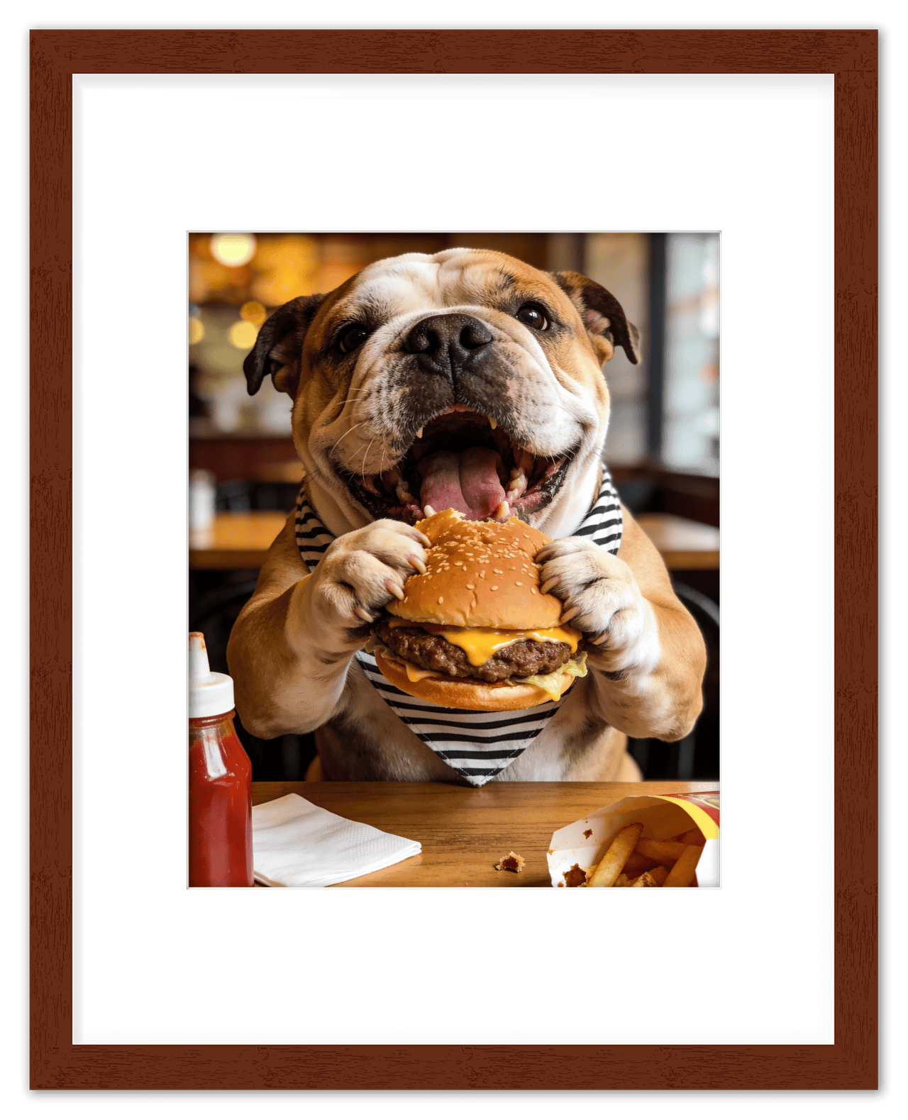 Personalized Pet Eating Burger Wall Art - Custom Funny Animal Print, Cute Kitchen Artwork, Upload Your Pet's Photo for a Quirky Portrait, Humorous Farmhouse Decor, Unique Gifts for Cat and Dog Lovers - Front View