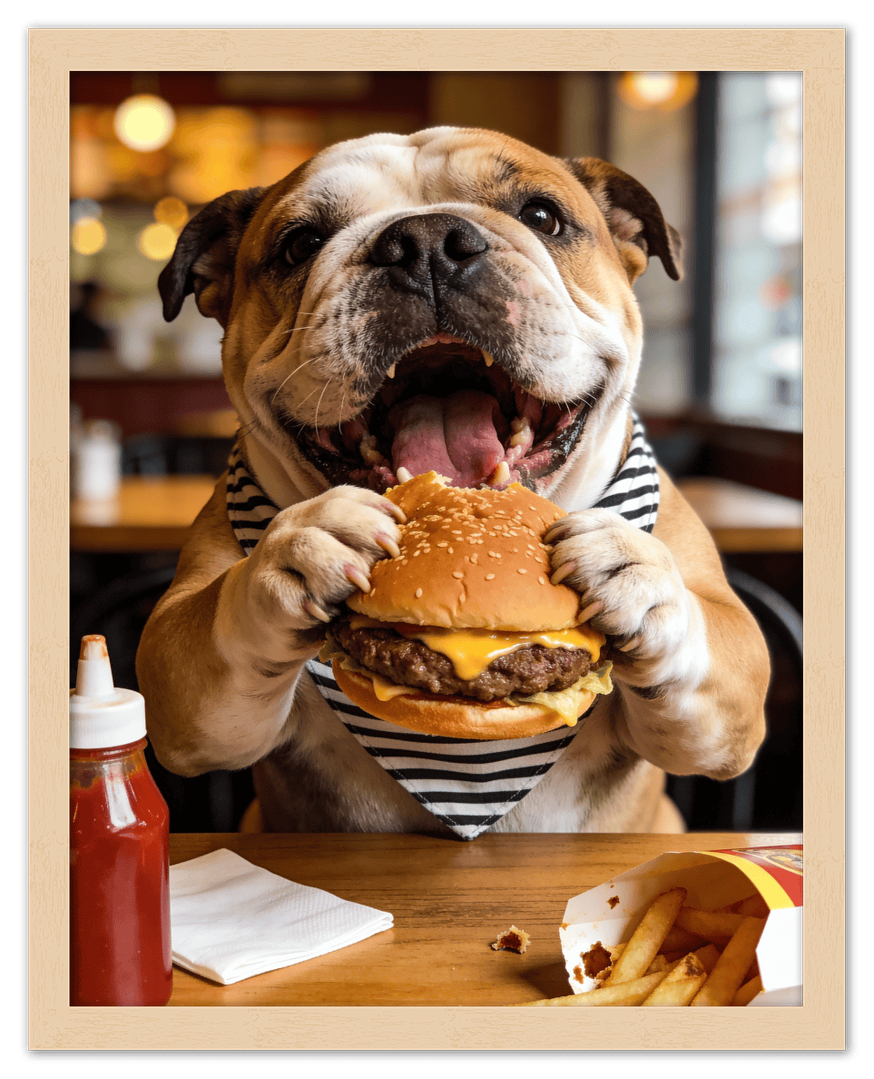 Personalized Pet Eating Burger Wall Art - Custom Funny Animal Print, Cute Kitchen Artwork, Upload Your Pet's Photo for a Quirky Portrait, Humorous Farmhouse Decor, Unique Gifts for Cat and Dog Lovers - Front View