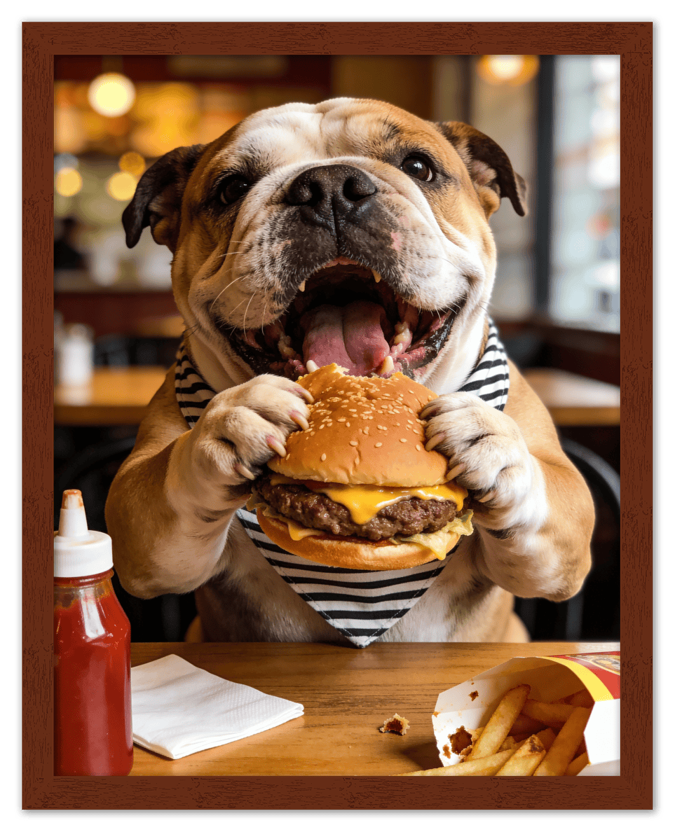 Personalized Pet Eating Burger Wall Art - Custom Funny Animal Print, Cute Kitchen Artwork, Upload Your Pet's Photo for a Quirky Portrait, Humorous Farmhouse Decor, Unique Gifts for Cat and Dog Lovers - Front View