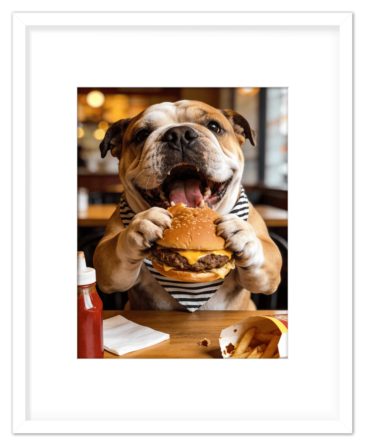 Personalized Pet Eating Burger Wall Art - Custom Funny Animal Print, Cute Kitchen Artwork, Upload Your Pet's Photo for a Quirky Portrait, Humorous Farmhouse Decor, Unique Gifts for Cat and Dog Lovers - Front View