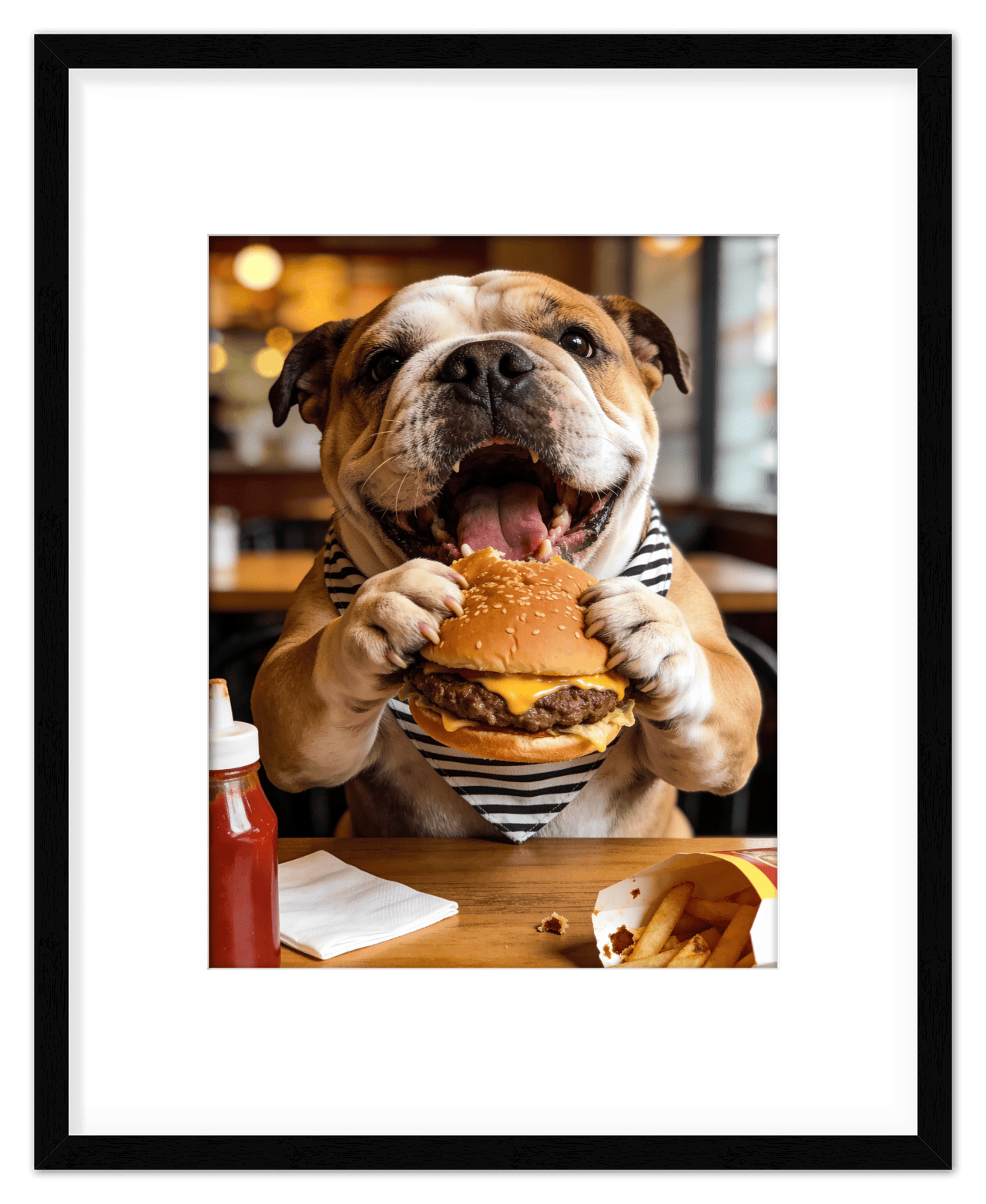 Personalized Pet Eating Burger Wall Art - Custom Funny Animal Print, Cute Kitchen Artwork, Upload Your Pet's Photo for a Quirky Portrait, Humorous Farmhouse Decor, Unique Gifts for Cat and Dog Lovers - Front View