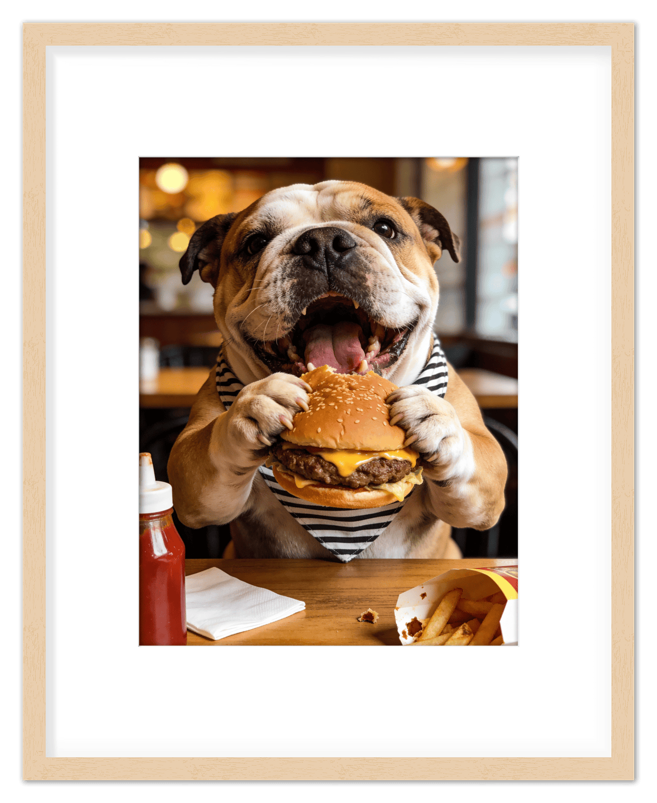 Personalized Pet Eating Burger Wall Art - Custom Funny Animal Print, Cute Kitchen Artwork, Upload Your Pet's Photo for a Quirky Portrait, Humorous Farmhouse Decor, Unique Gifts for Cat and Dog Lovers - Front View