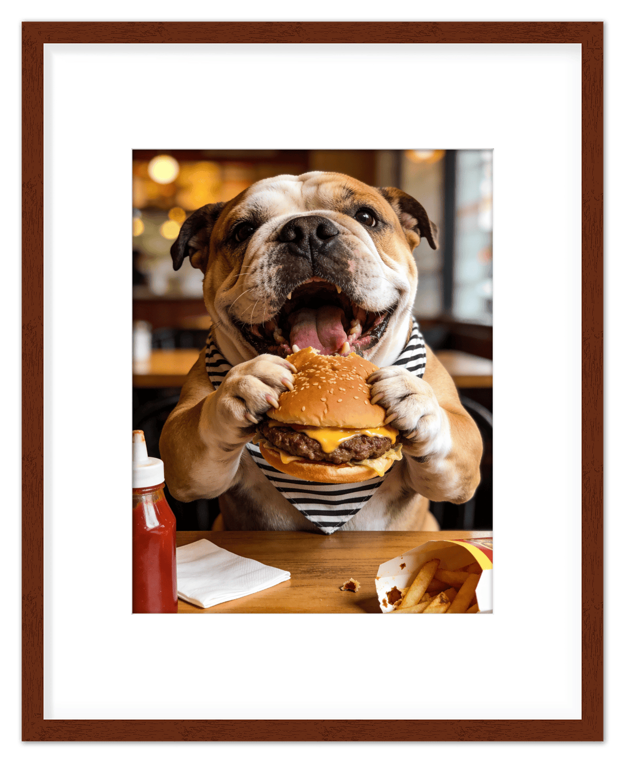 Personalized Pet Eating Burger Wall Art - Custom Funny Animal Print, Cute Kitchen Artwork, Upload Your Pet's Photo for a Quirky Portrait, Humorous Farmhouse Decor, Unique Gifts for Cat and Dog Lovers - Front View