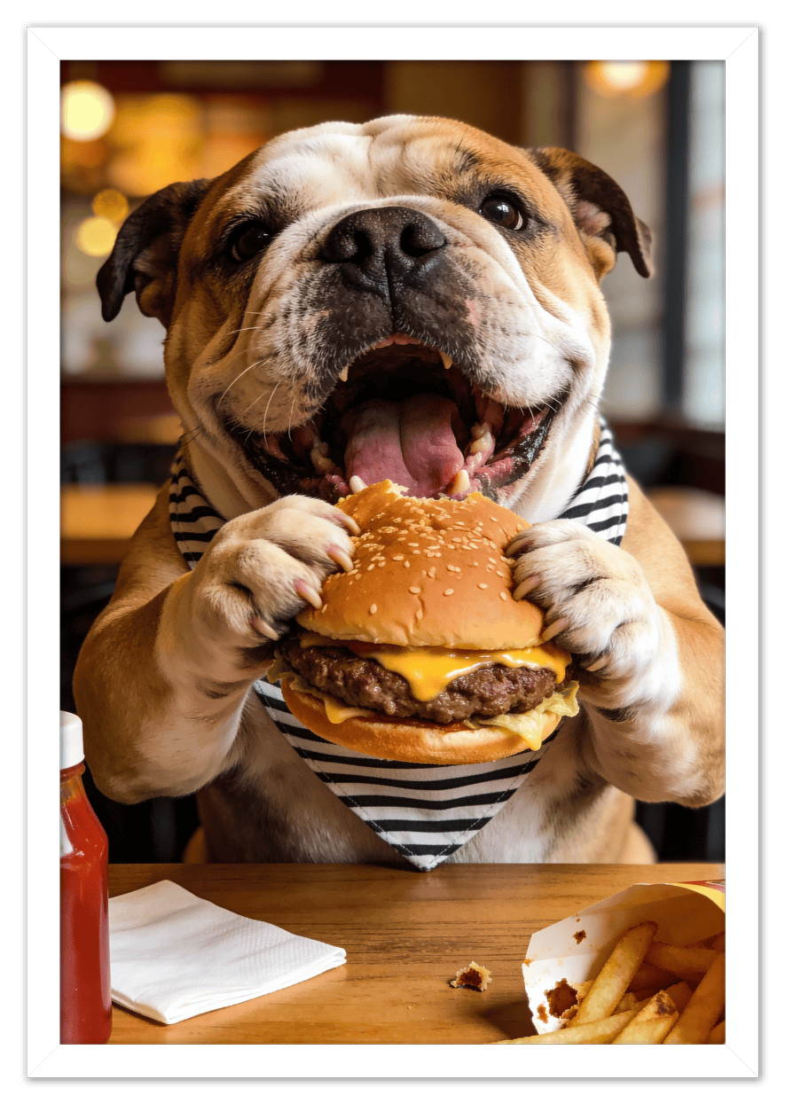 Personalized Pet Eating Burger Wall Art - Custom Funny Animal Print, Cute Kitchen Artwork, Upload Your Pet's Photo for a Quirky Portrait, Humorous Farmhouse Decor, Unique Gifts for Cat and Dog Lovers - Front View